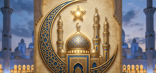 Crescent moon and star with intricate mosque design in gold and blue
