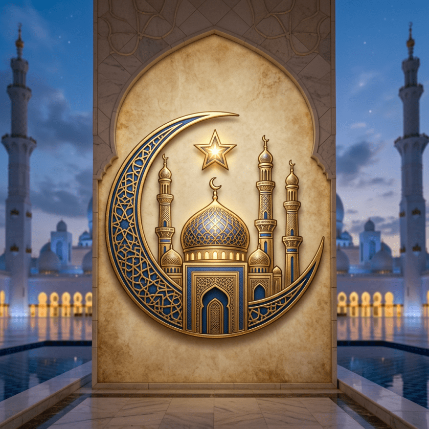 Crescent moon and star with intricate mosque design in gold and blue