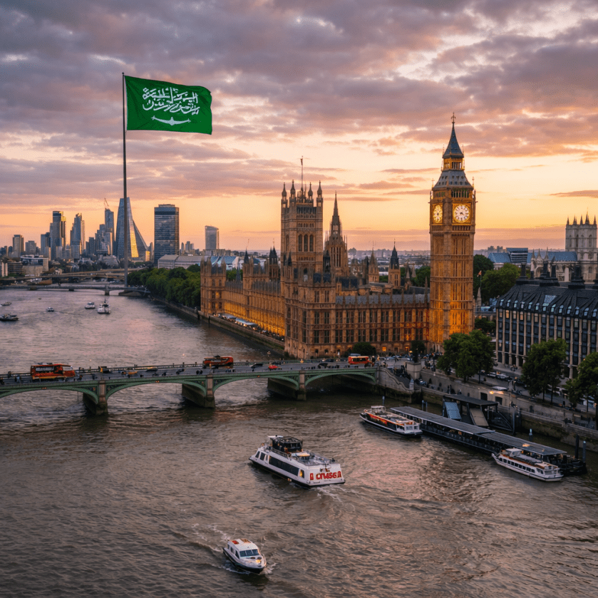 Palace of Westminster and Big Ben by the River Thames at sunset with boats and red double-decker buses on a bridge