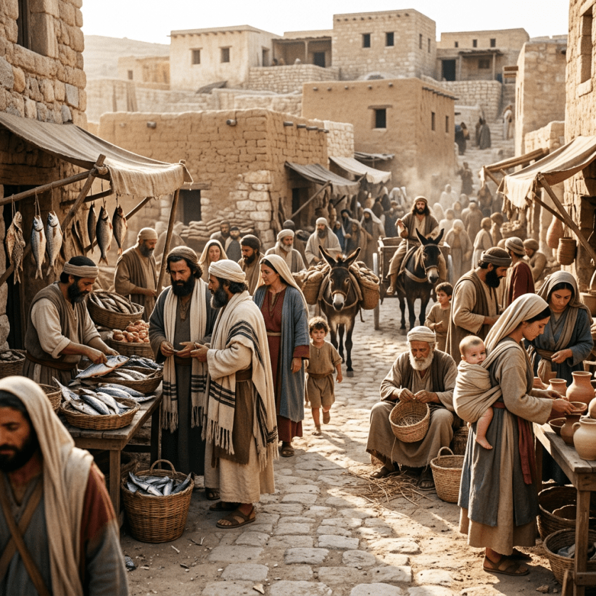 Crowd of people trading fish, pottery, and goods in an ancient village marketplace