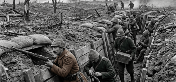 World War I soldiers in a trench aiming rifles and carrying ammunition amid barbed wire