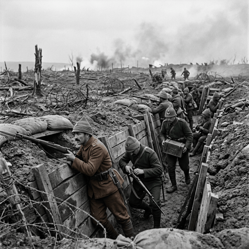 World War I soldiers in a trench aiming rifles and carrying ammunition amid barbed wire
