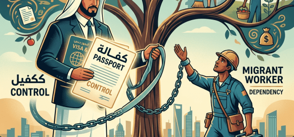 Illustration labeled KAFALA showing a sponsor, migrant worker, chained tree, and labor sponsorship.