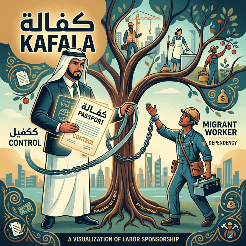 Illustration labeled KAFALA showing a sponsor, migrant worker, chained tree, and labor sponsorship.