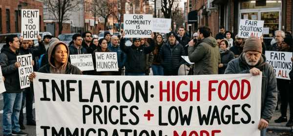 Protesters hold signs reading “INFLATION: HIGH FOOD PRICES + LOW WAGES,” “IMMIGRATION: MORE PEOPLE = MORE STRAIN,” “RENT IS TOO HIGH,” “OUR COMMUNITY IS OVERCROWDED,” “WE ARE HUNGRY,” and “FAIR SOLUTIONS FOR ALL”; a Corner Grocery Supermarket sign appears above them.
