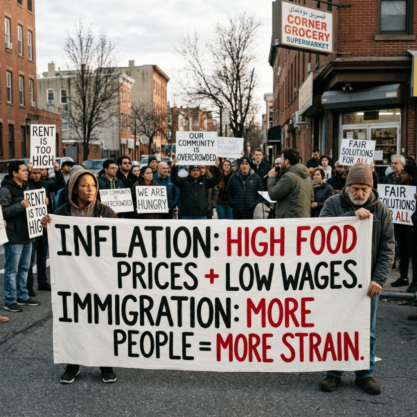 Protesters hold signs reading “INFLATION: HIGH FOOD PRICES + LOW WAGES,” “IMMIGRATION: MORE PEOPLE = MORE STRAIN,” “RENT IS TOO HIGH,” “OUR COMMUNITY IS OVERCROWDED,” “WE ARE HUNGRY,” and “FAIR SOLUTIONS FOR ALL”; a Corner Grocery Supermarket sign appears above them.