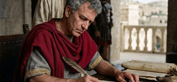 Roman scribe writing on parchment with a quill at a wooden table