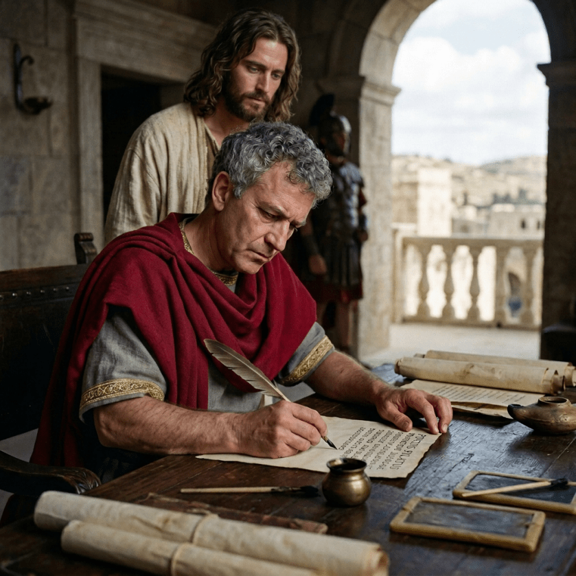 Roman scribe writing on parchment with a quill at a wooden table