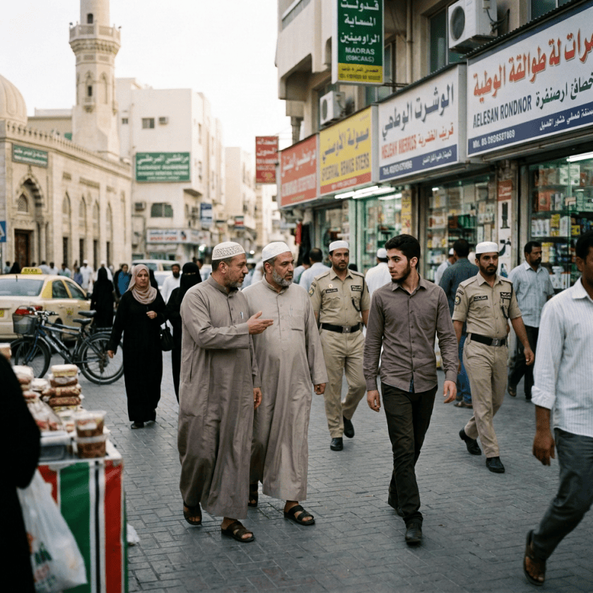 Busy Arab market street with mosque, shops, pedestrians, and Arabic-English signs