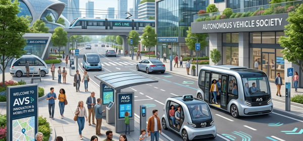 AVS Autonomous Vehicle Society mobility hub with autonomous vehicles, transit, and pedestrians