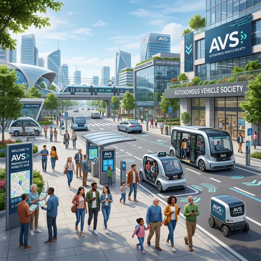 AVS Autonomous Vehicle Society mobility hub with autonomous vehicles, transit, and pedestrians