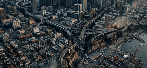 A coastal city skyline with fires, smoke, elevated highways, and a container port
