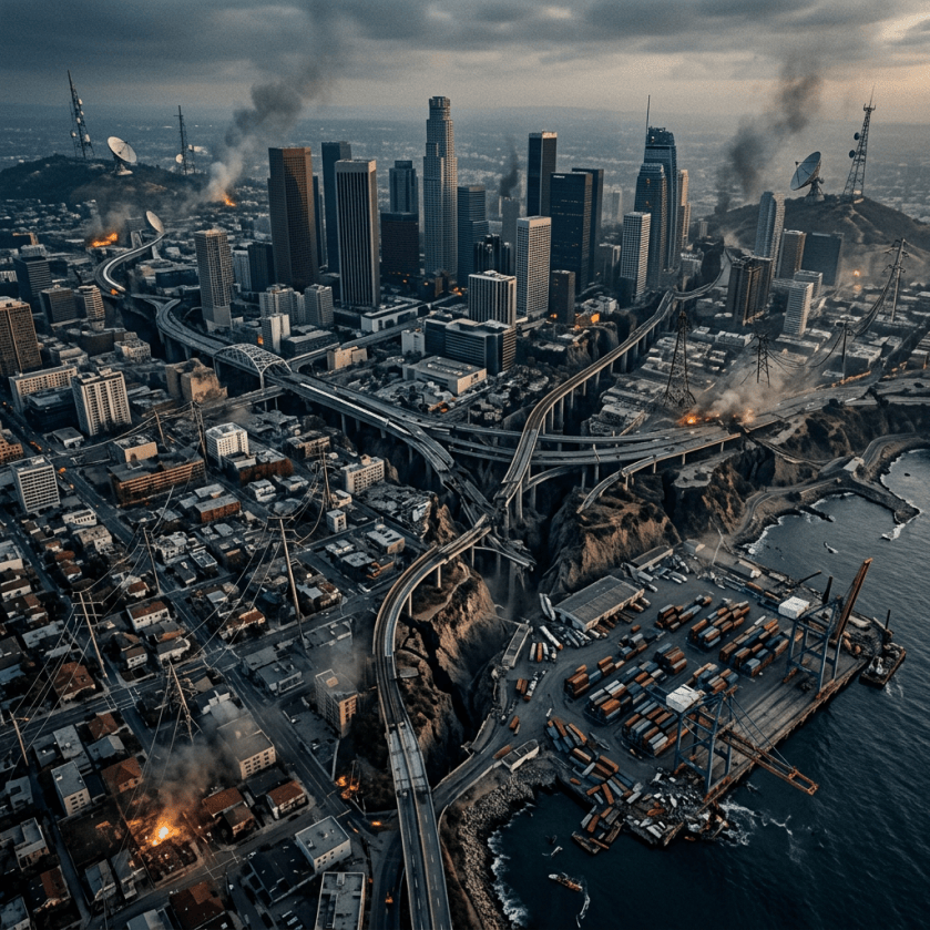 A coastal city skyline with fires, smoke, elevated highways, and a container port