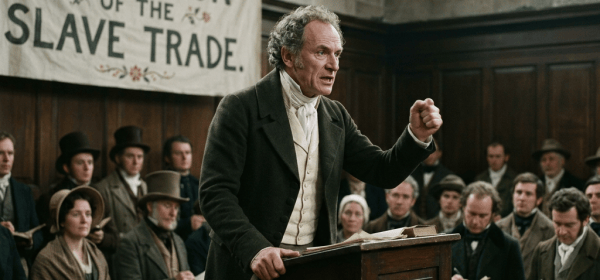Abolitionist speaker addressing a crowd beneath an anti-slavery banner