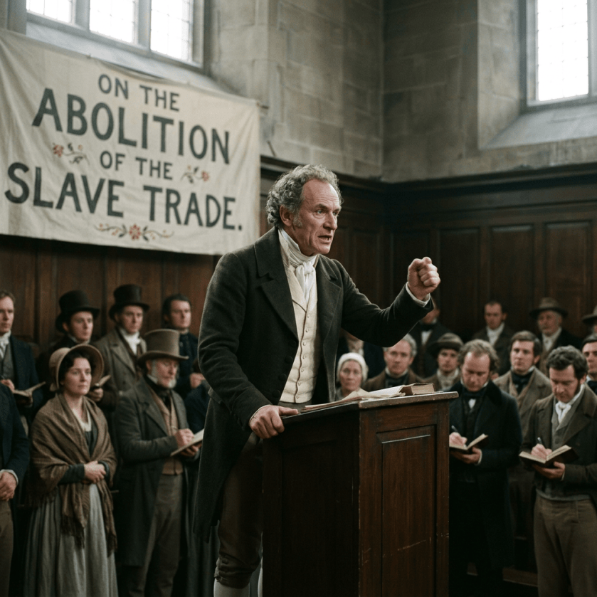 Abolitionist speaker addressing a crowd beneath an anti-slavery banner