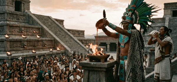 Ceremonial leader pours an offering into a fire at an ancient stepped temple