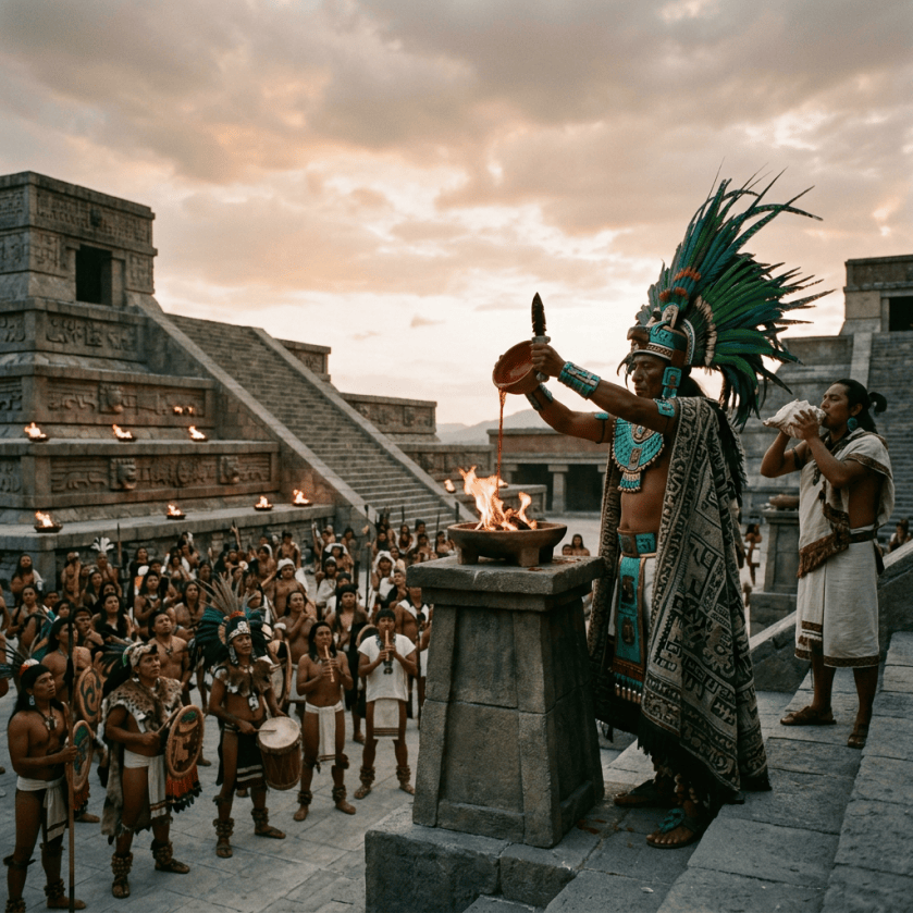 Ceremonial leader pours an offering into a fire at an ancient stepped temple