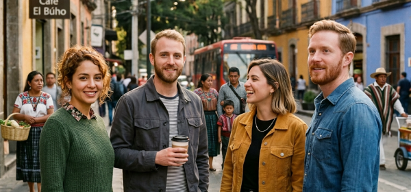 Four friends standing on a city street near Café El Búho and a red bus