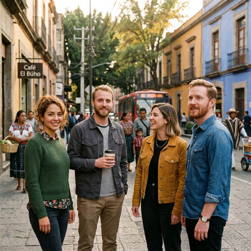 Four friends standing on a city street near Café El Búho and a red bus
