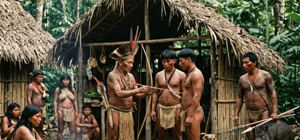 Community members gather outside thatched shelters beside a cooking fire