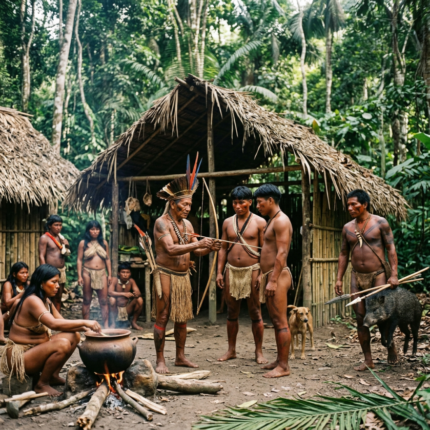 Community members gather outside thatched shelters beside a cooking fire