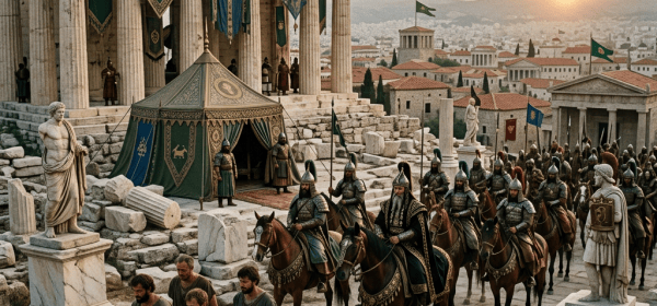 Armored soldiers and civilians gathering among ancient Athenian temples