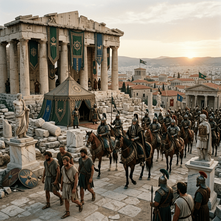 Armored soldiers and civilians gathering among ancient Athenian temples