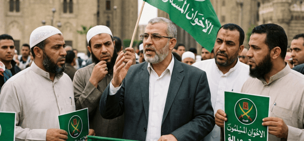 Men holding green flags and signs reading الإخوان المسلمون حرية وعدالة