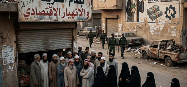 Arabic signs reading نظام الشريعة والانهيار الاقتصادي and الاقتصاد تحت مظلة الشريعة, with people and patrol officers