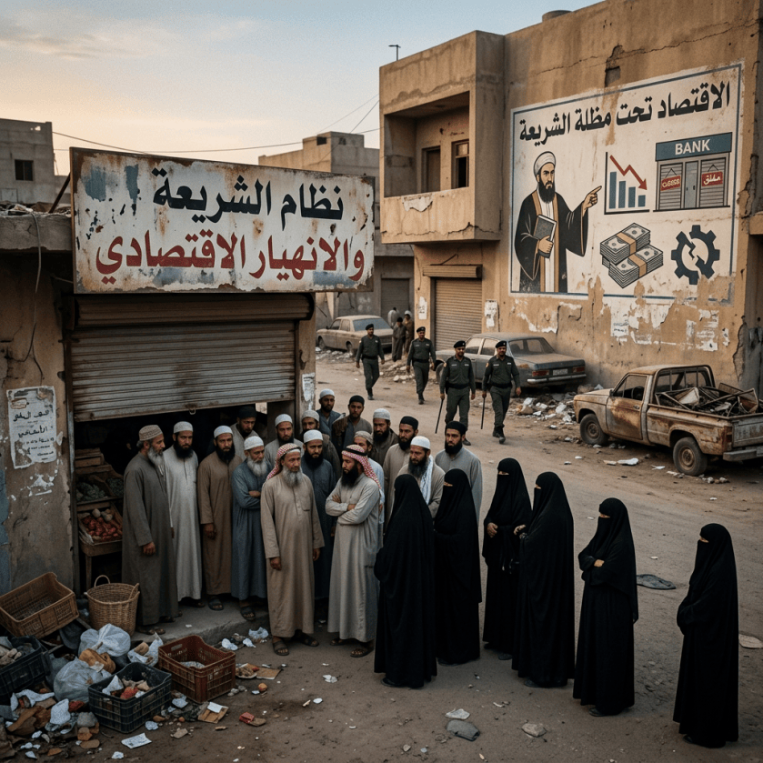 Arabic signs reading نظام الشريعة والانهيار الاقتصادي and الاقتصاد تحت مظلة الشريعة, with people and patrol officers